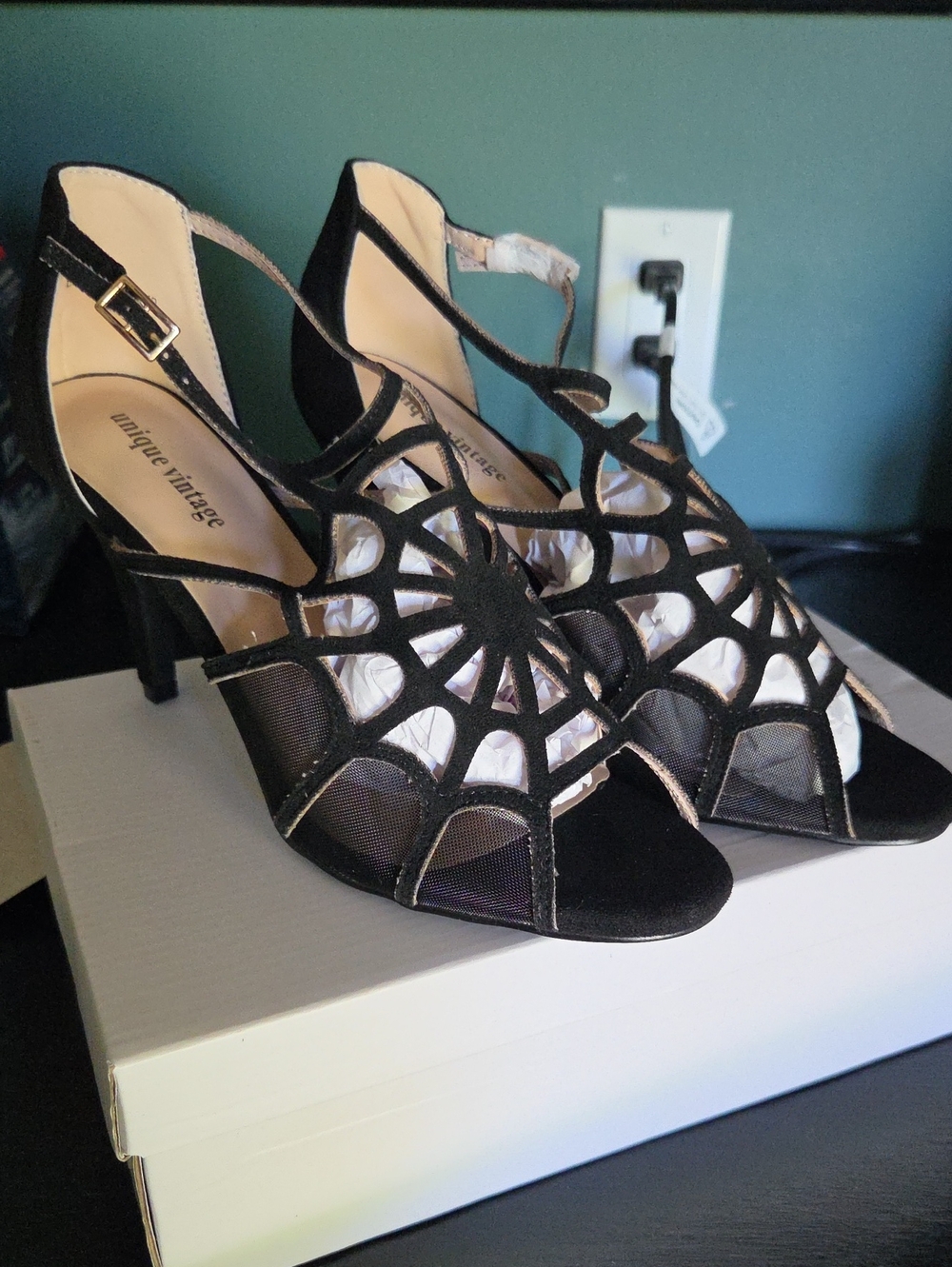 Unique Vintage Black Spiderweb Cutout Heeled Sandals